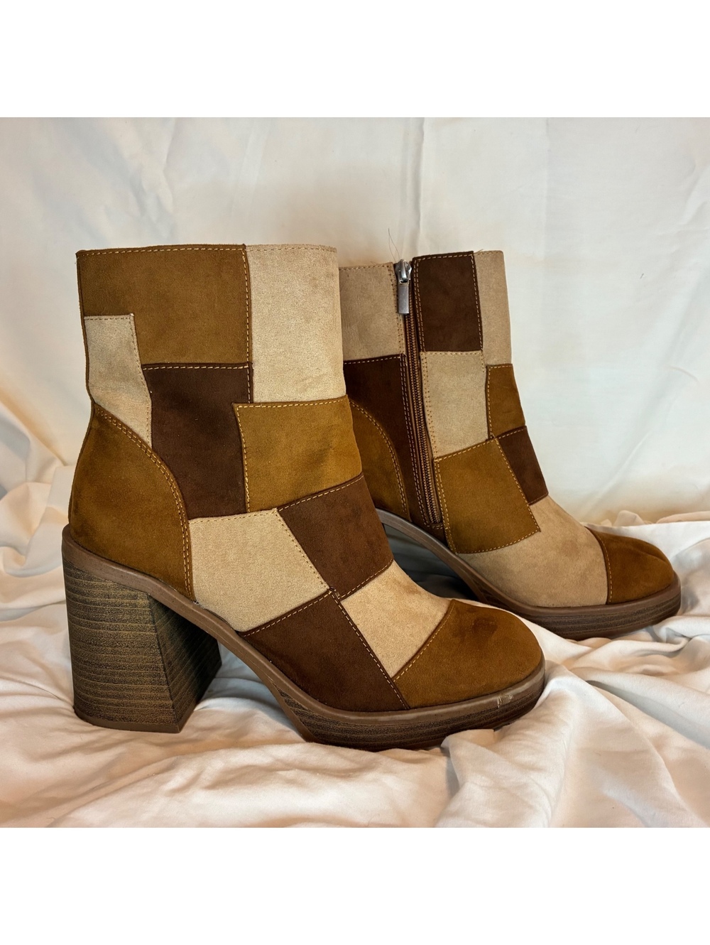 Universal Thread Olly Patchwork Retro Boots Womens 9.5 Brown Platform Block Heel